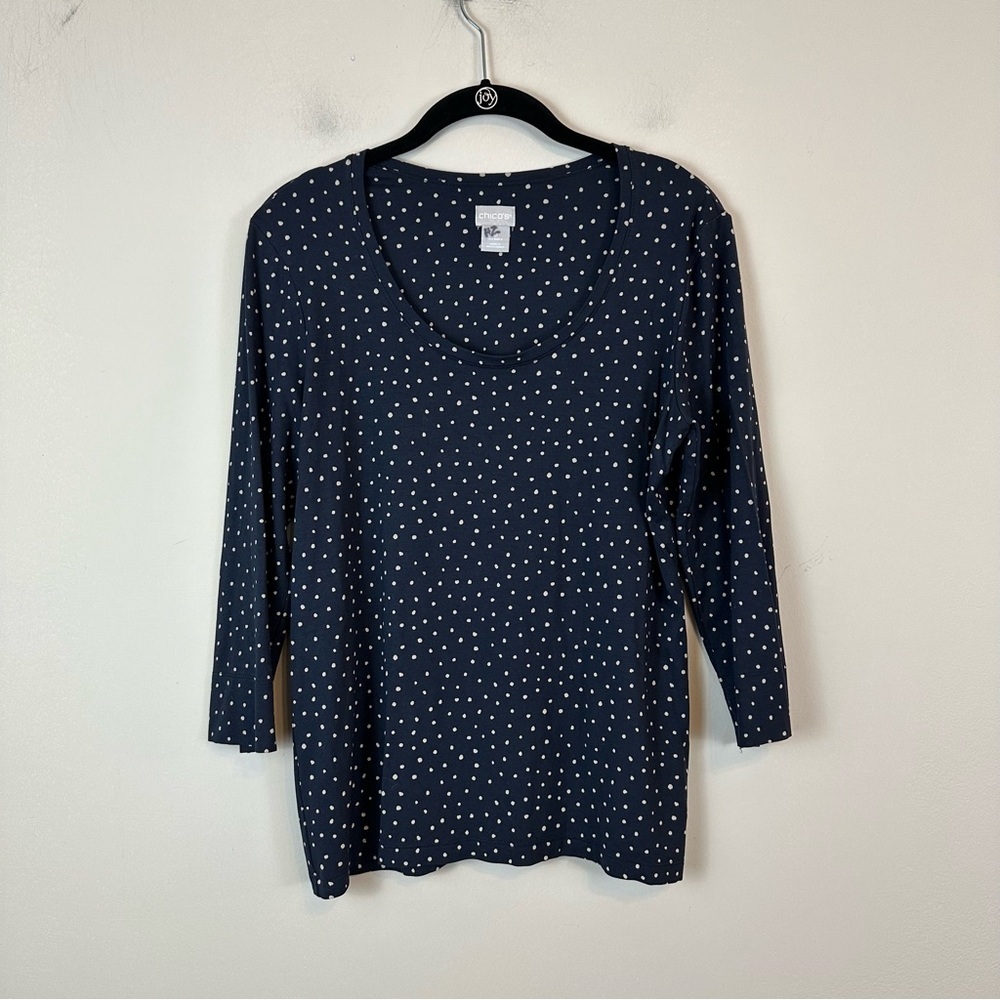 Chico's | Navy Blue Polka Dot 3/4 Sleeve Scoop Neck Tee Size Small (Chico's)